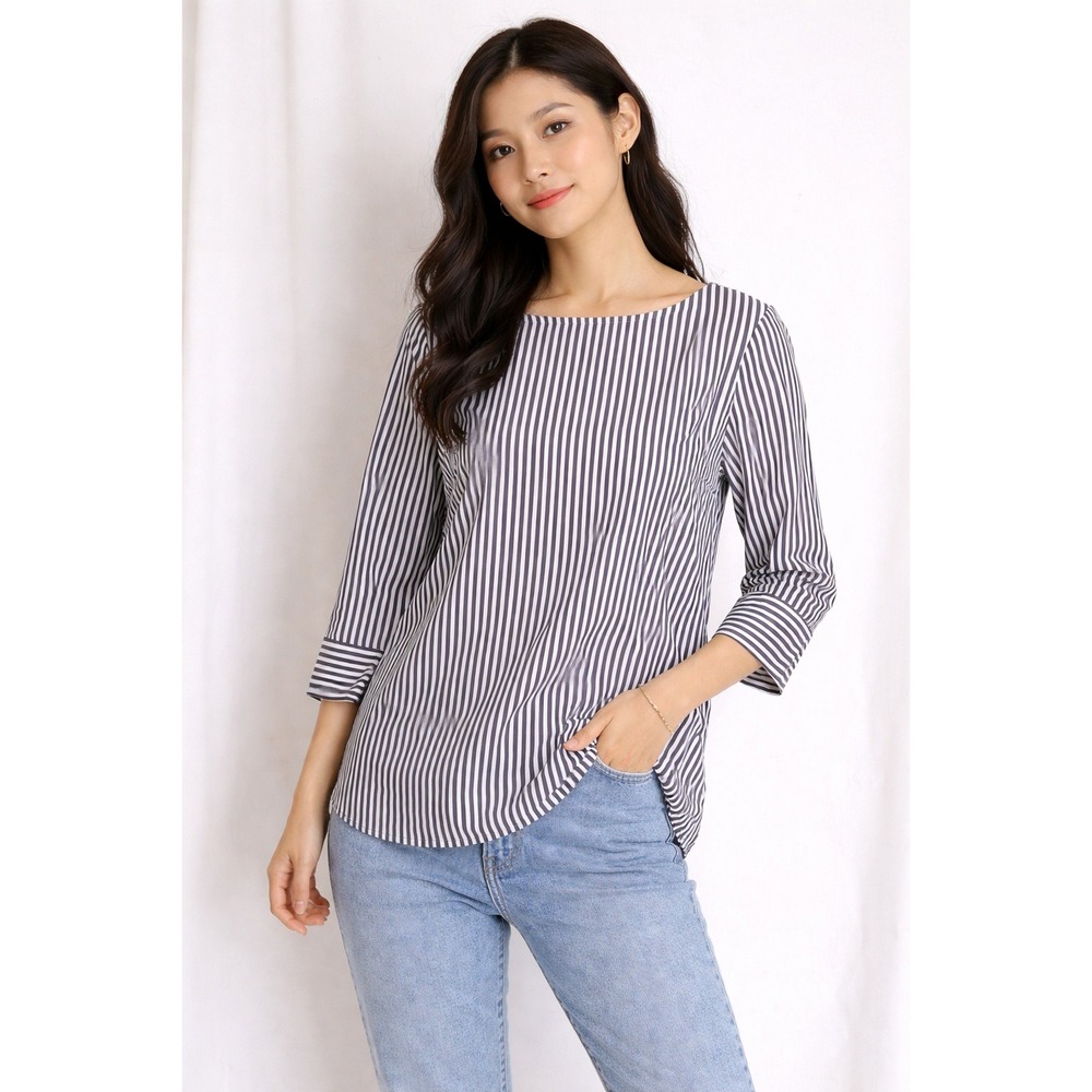 Talbots- Black and White Striped Blouse with Buttons on Sleeves Size Sp